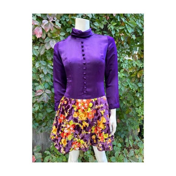 60s Scooter Dress Royal Purple Satin & Multicolor Floral Velvet Drop Waist Sm - Picture 1 of 16